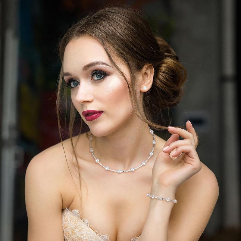 Glenmal Pearl Rhinestone Jewelry Set for Women Pearl Necklace Bracelet Earrings for Wedding Birthday Bridal Shower Tea Party - Image 5